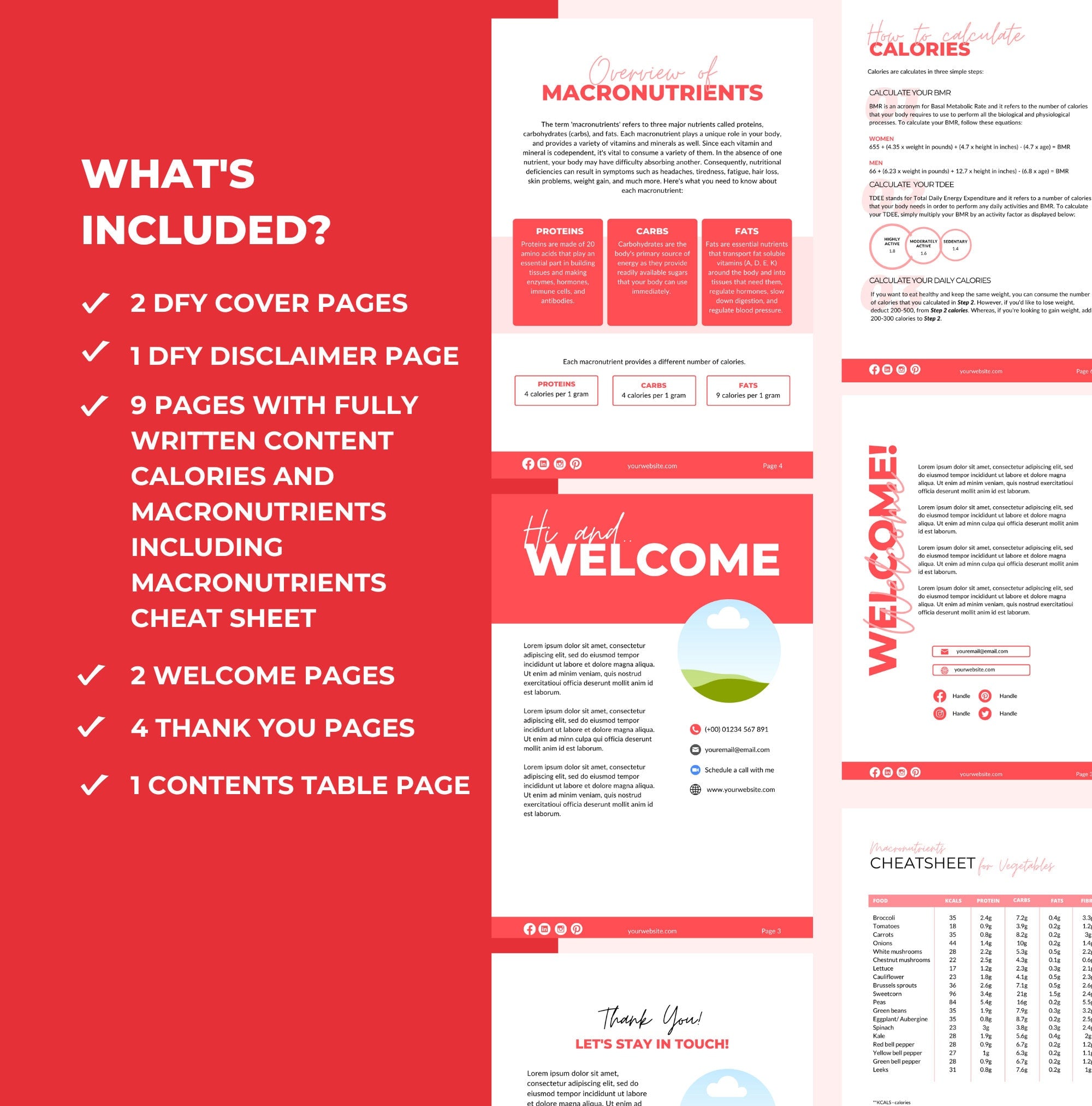 preview of the pages and content included in the macronutrient cheat sheet, Canva eBook template, PLR digital product