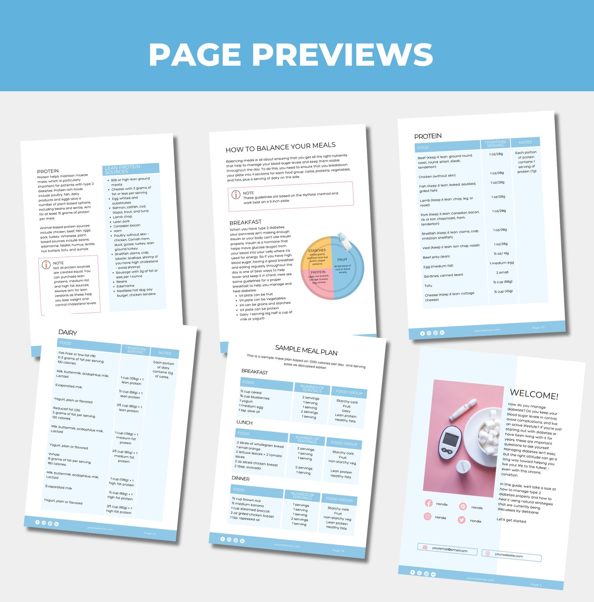 preview of the pages included in this eBook template about type 2 diabetes management, plr digital product