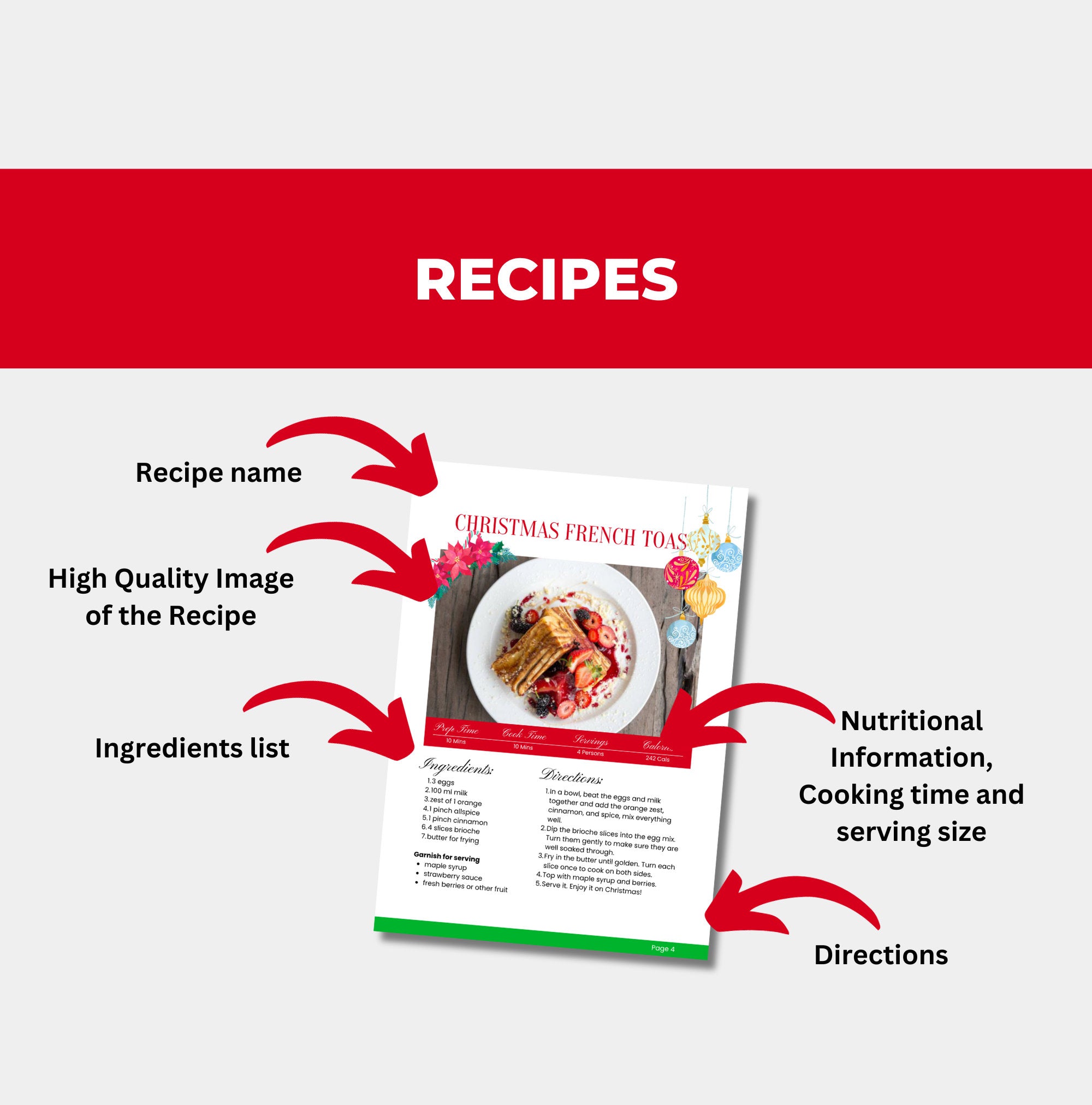 preview of the structure and design of the christmas recipes fdound in this christmas cookbook template, plr digital product