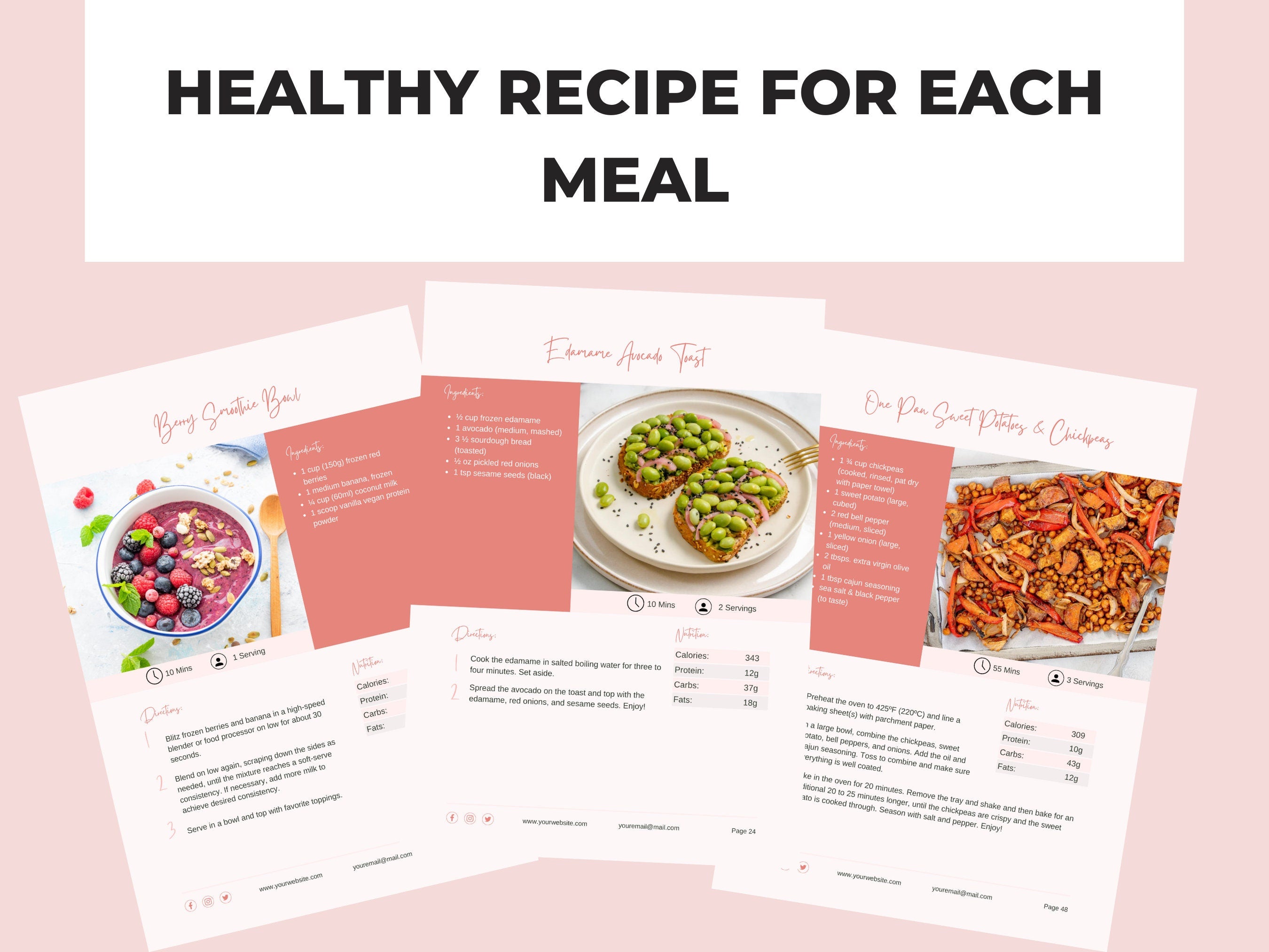 preview of vegan recipes included in this meal plan template, PLR digital product