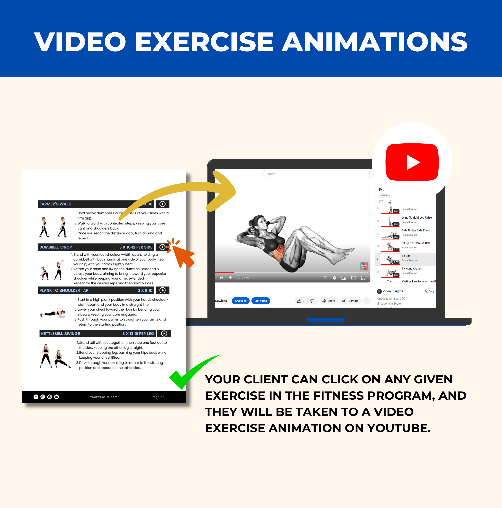 preview of video exercise animations include din this Functional Fitness Guide, Canva eBook Template, PLR Digital Product