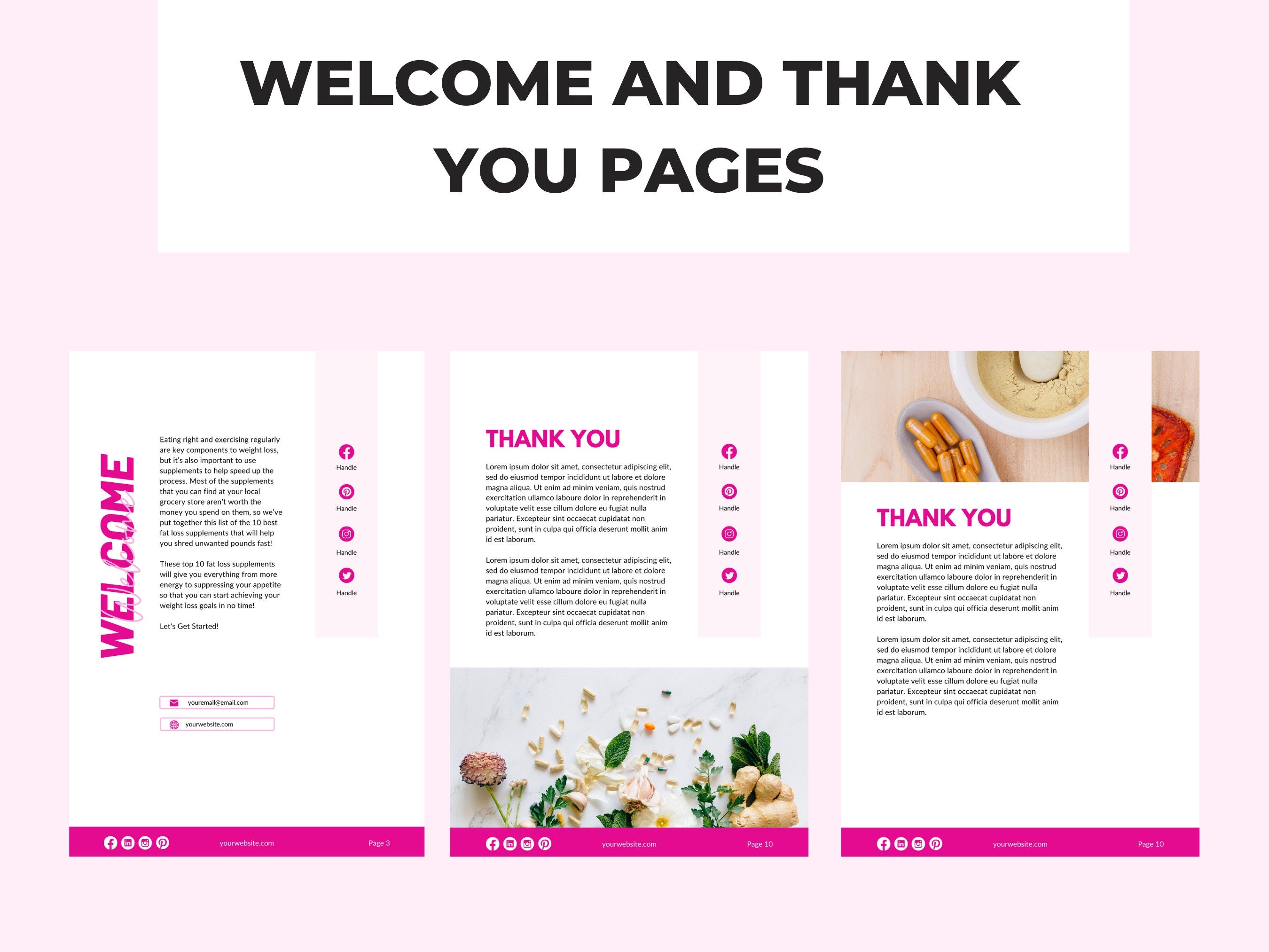 preview of welcome and thank you pages included with this supplement guide, canva eBoook template, PLR digital product