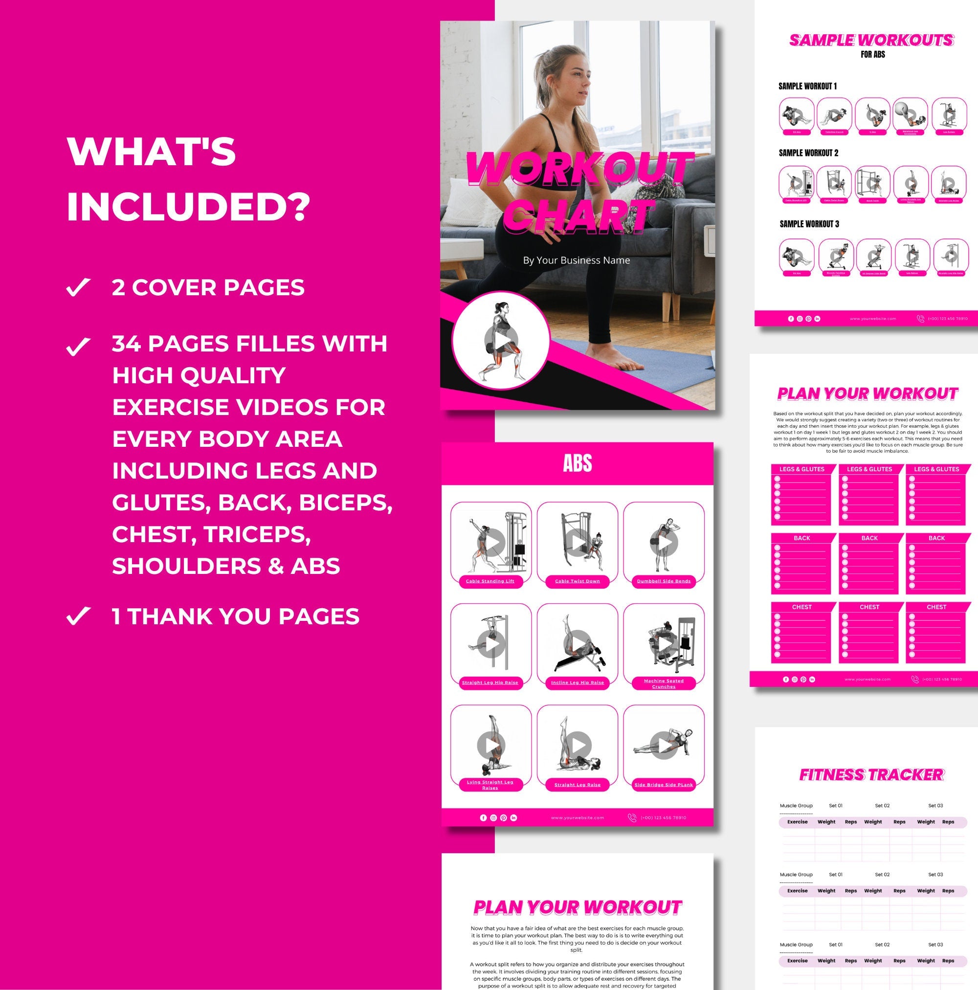 preview of what is included in Female Workout Chart, PLR Digital Product, Canva eBook Template