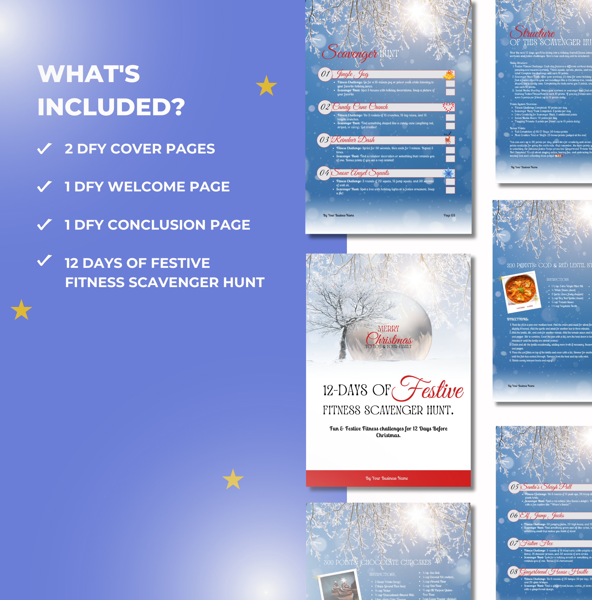 preview of what is included in the 12 Days of Festive Fitness Scavenger Hunt, Canva eBook Template, PLR Digital Product