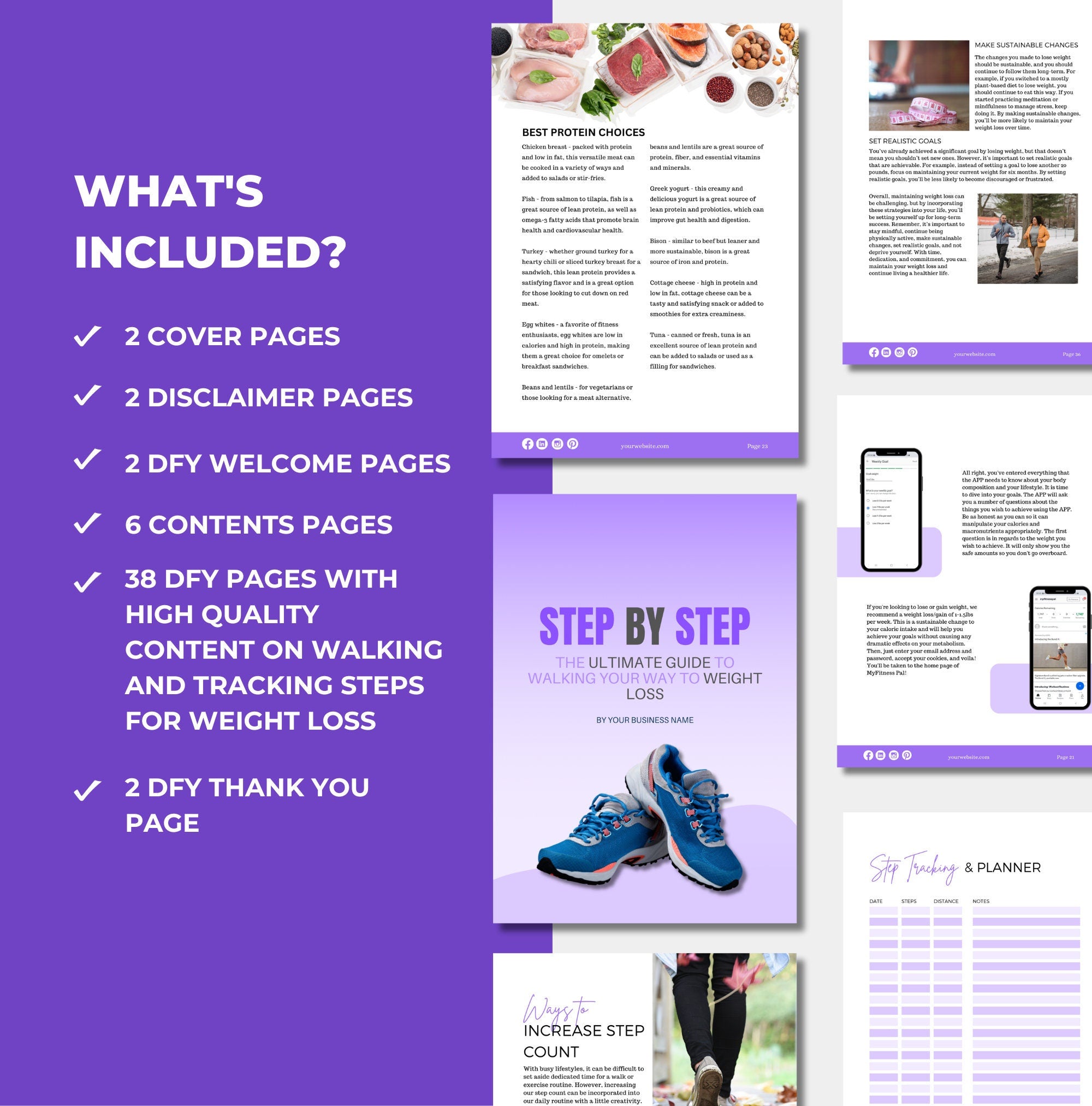 preview of what is included in the guide to walking for weight loss, Canva eBook template, PLR digital product