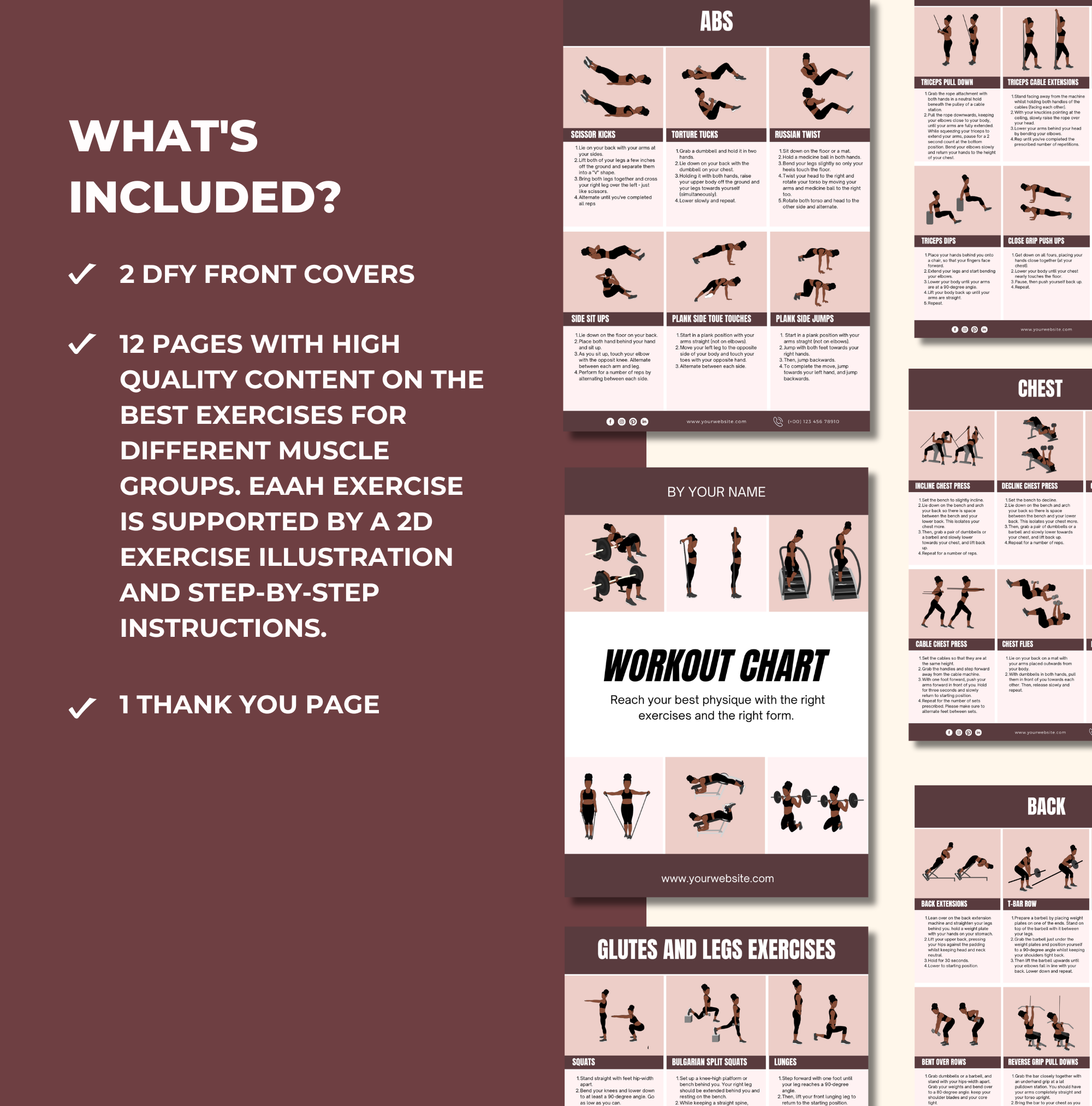 preview of what is included in this Brown Workout Chart, Canva eBook Template, PLR Digital Product