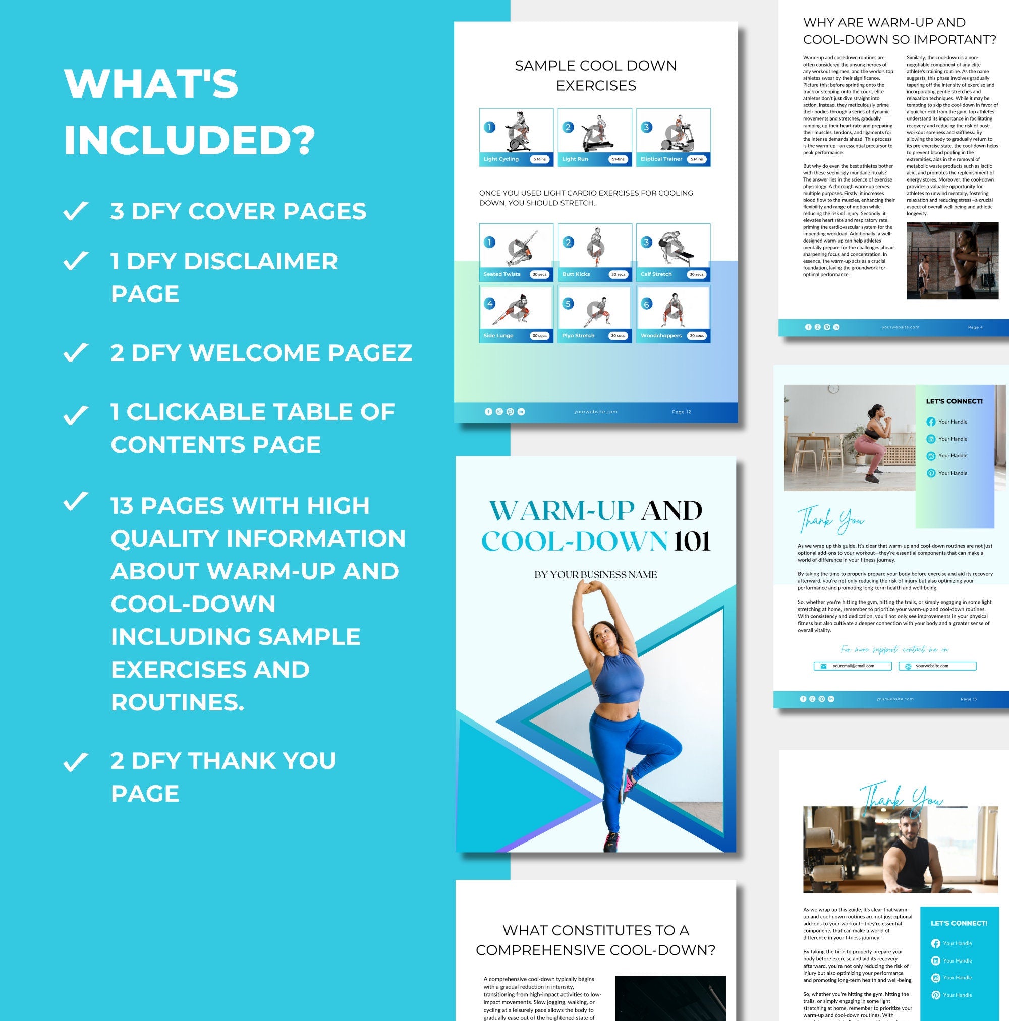preview of what is included in this warm  up and cool down guide, Canva eBok template, PLR digital product