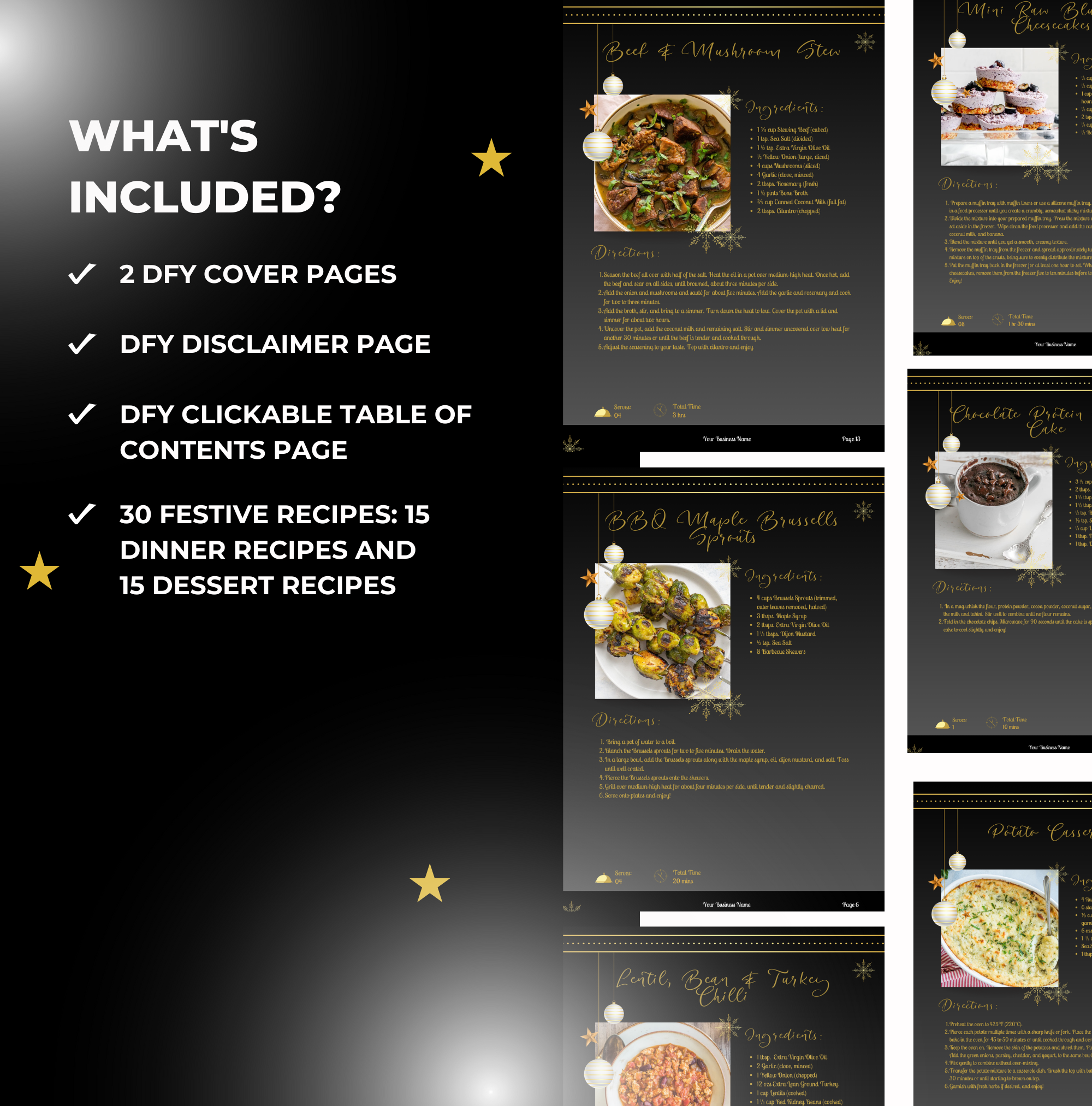 preview of what is included inside 30 Christmas Recipes, Canva Cookbook Template, PLR Digital Product