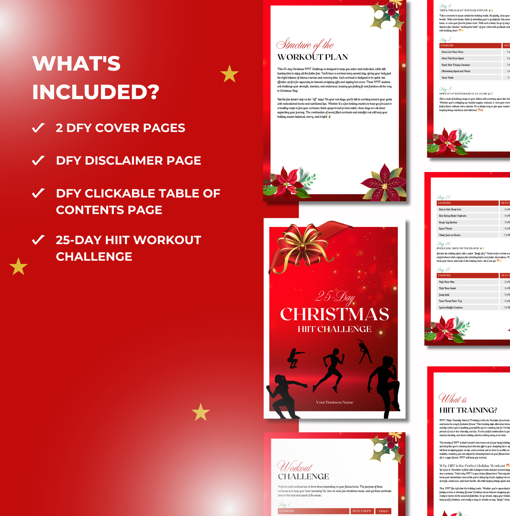 preview of what is included with this 25-Day Christmas HIIT Challenge, PLR Digital Product, Canva eBook Template