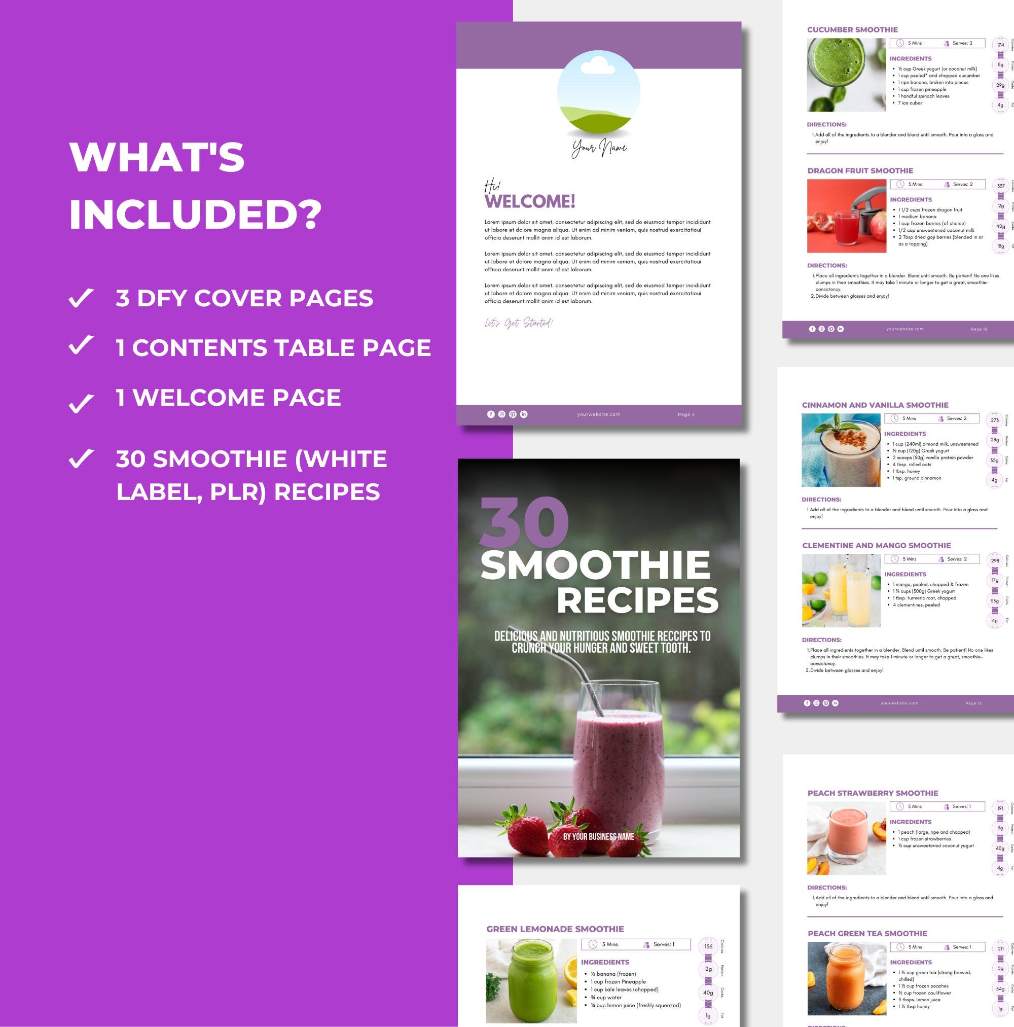 preview of what is included with this smoothie cookbook template, PLR digital product