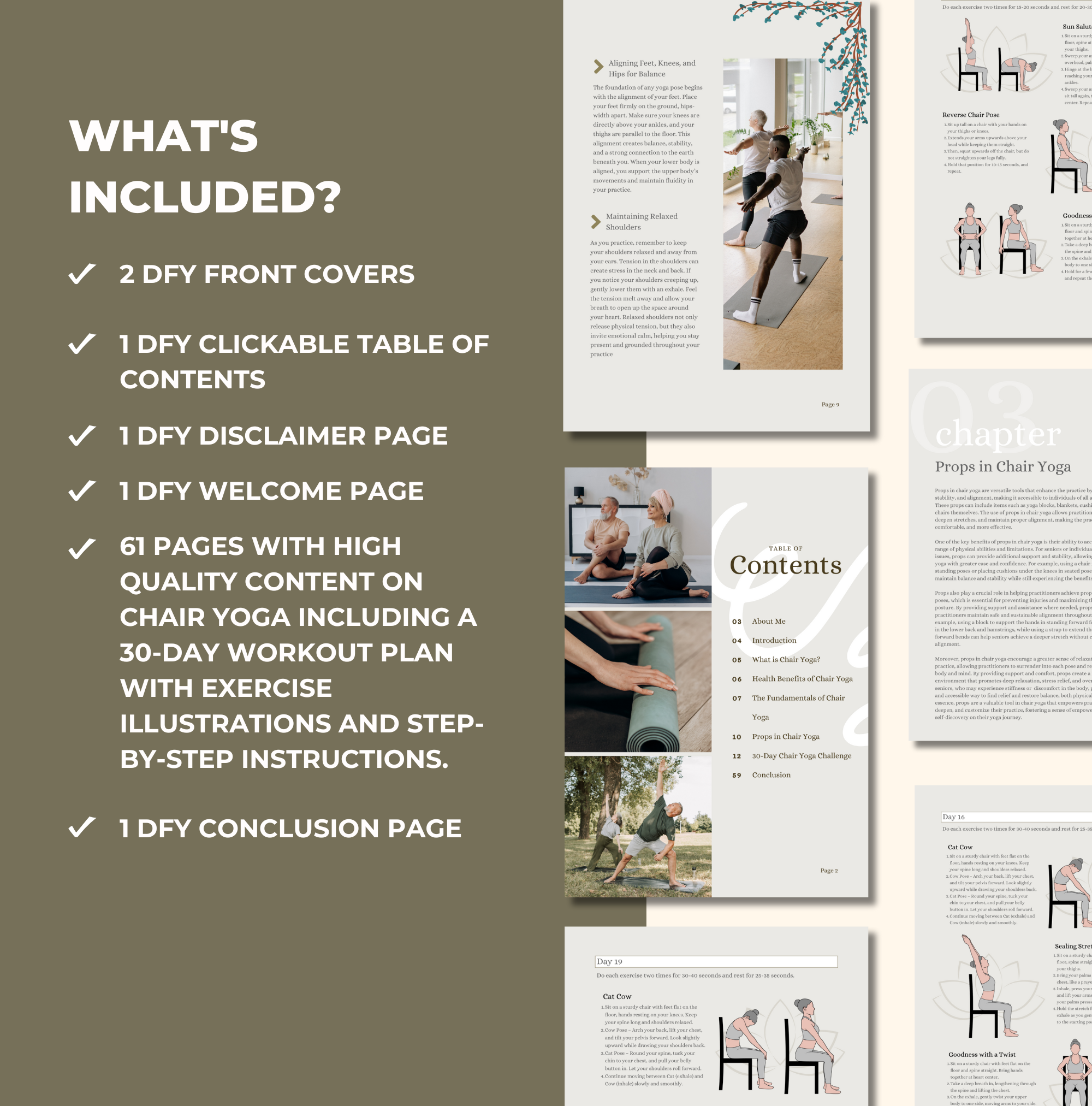 preview of what is inside this 30-Day Chair Yoga Challenge, Canva eBook Template, PLR Digital Product
