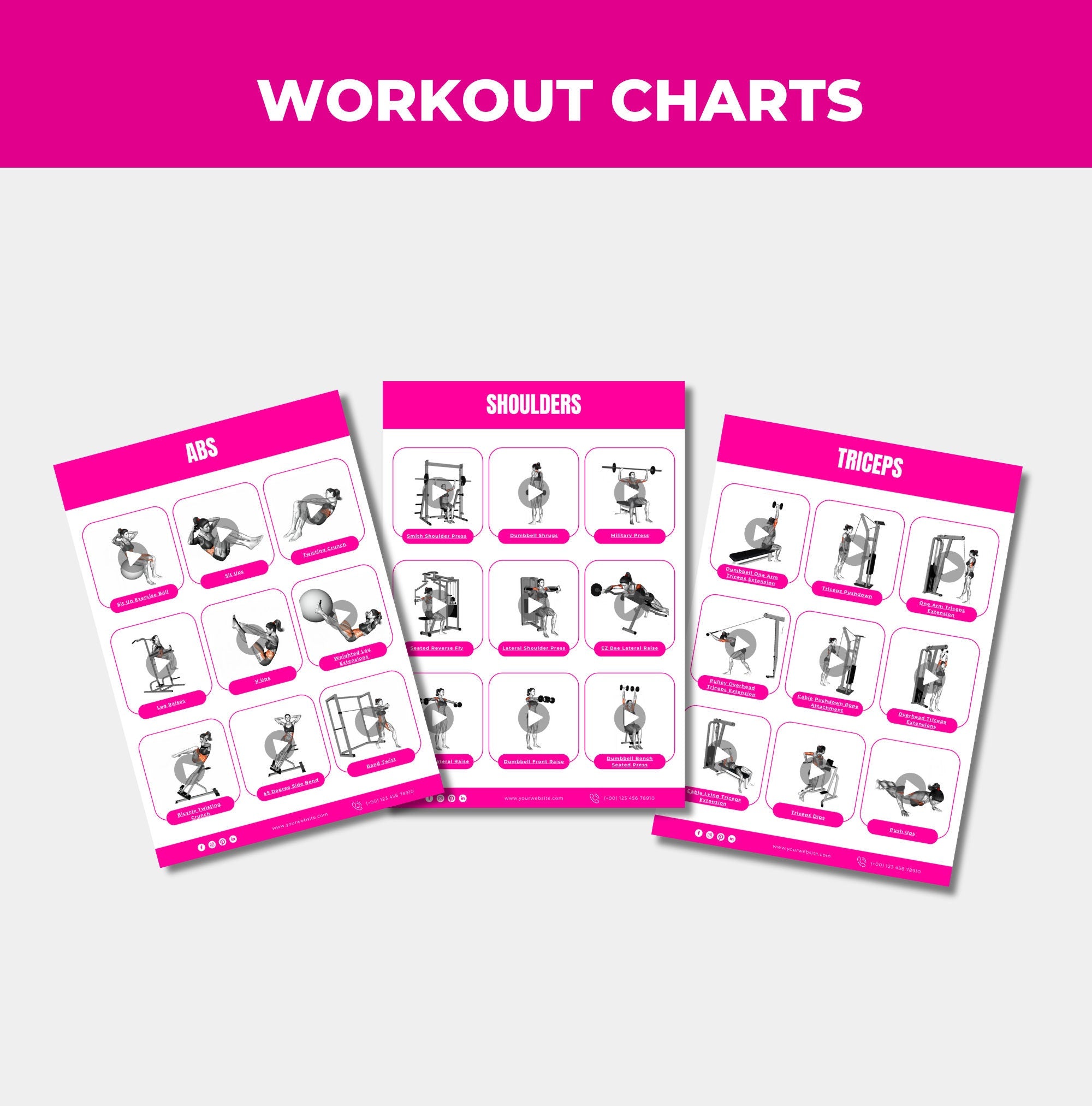 preview of workout charts found in front cover design options in Female Workout Chart, PLR Digital Product, Canva eBook Template