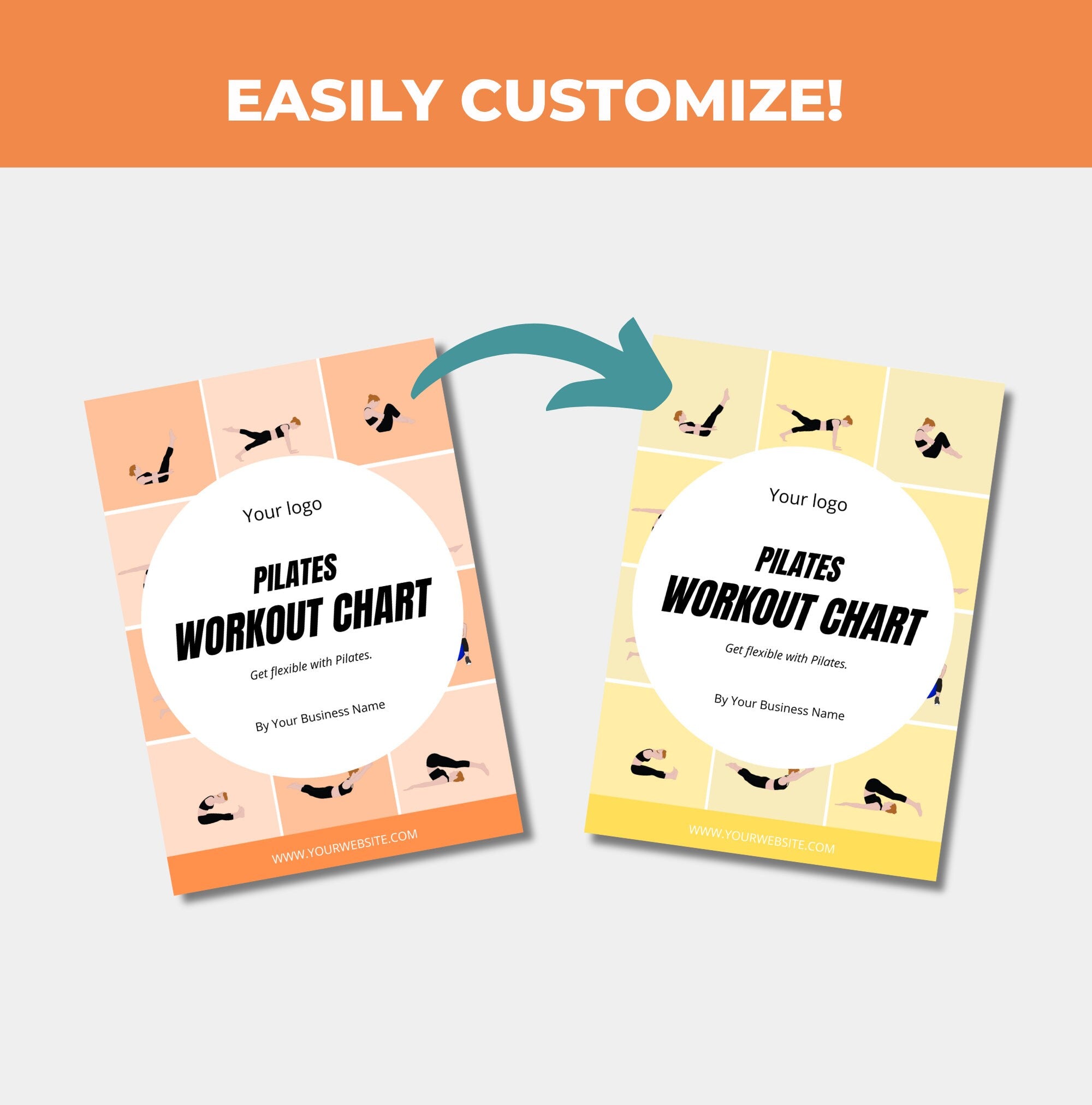 preview ofwhat the pilates workout chart can look like in different colours, canva eBook template, pLR digital product