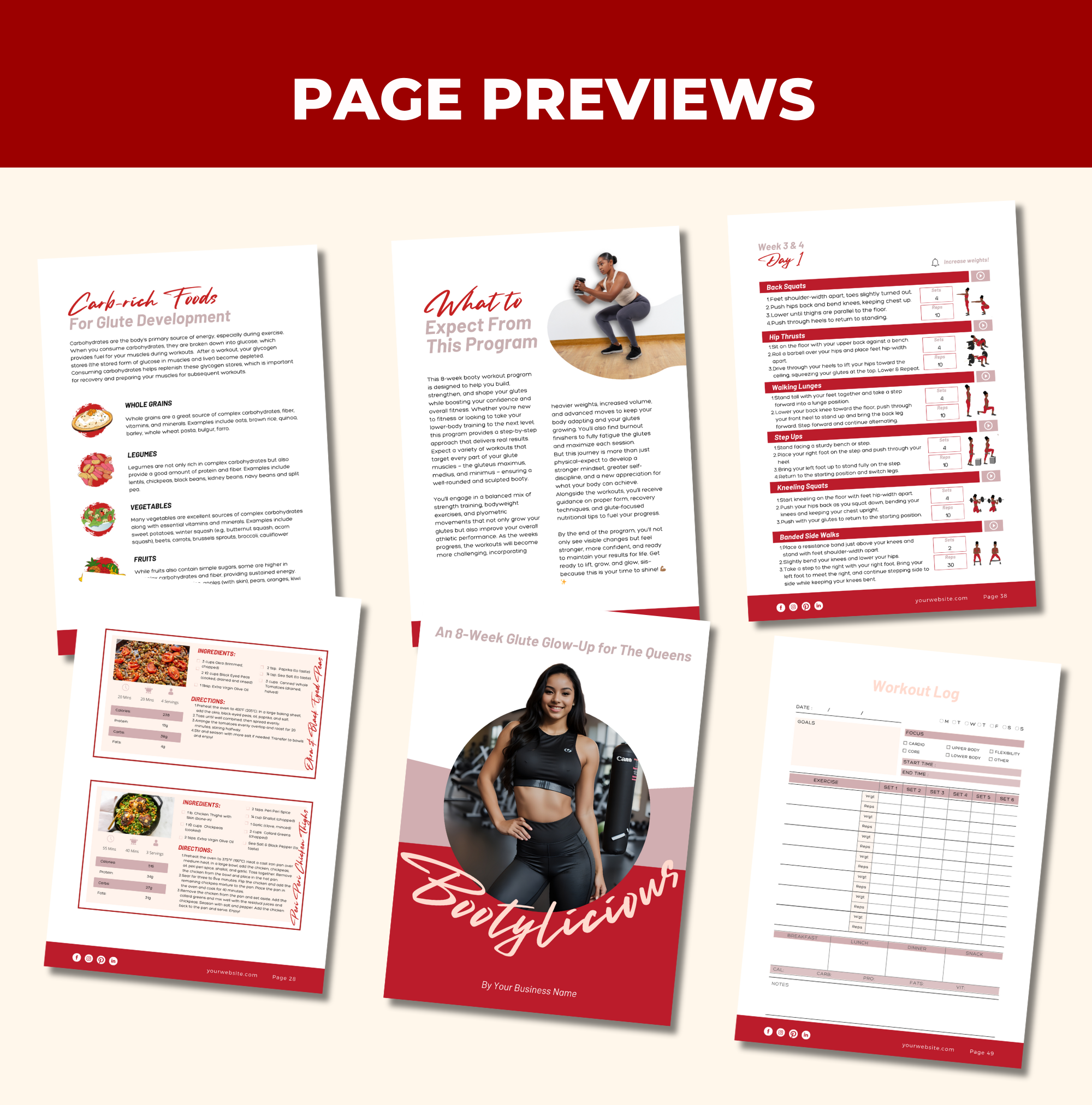 preview of page designs found in this Red 8-Week Bootylicious Workout Program, PLR Digital Product, Canva eBook Template