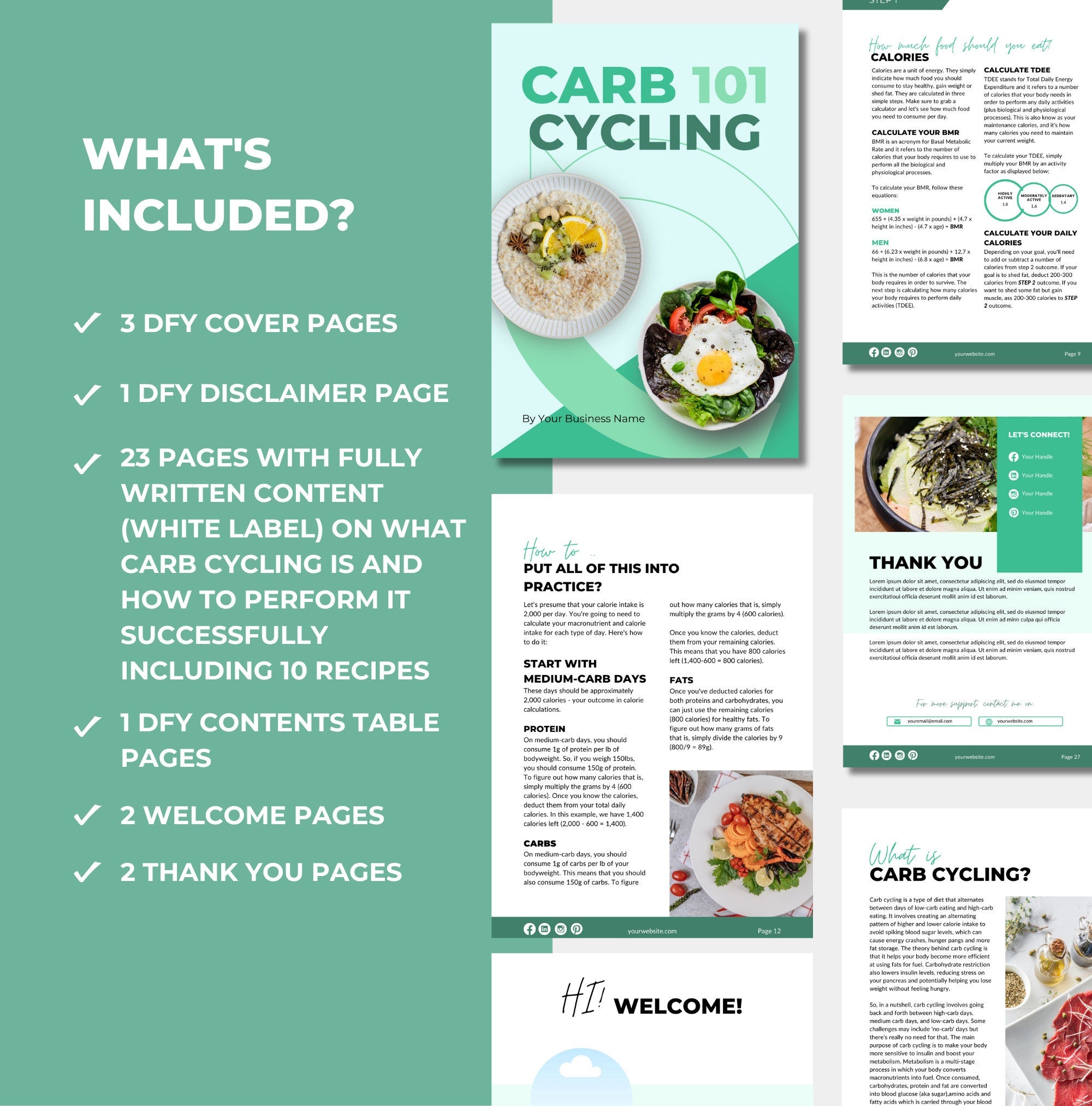 what pages are included in this canva eBook template about carb cycling, plr digital product