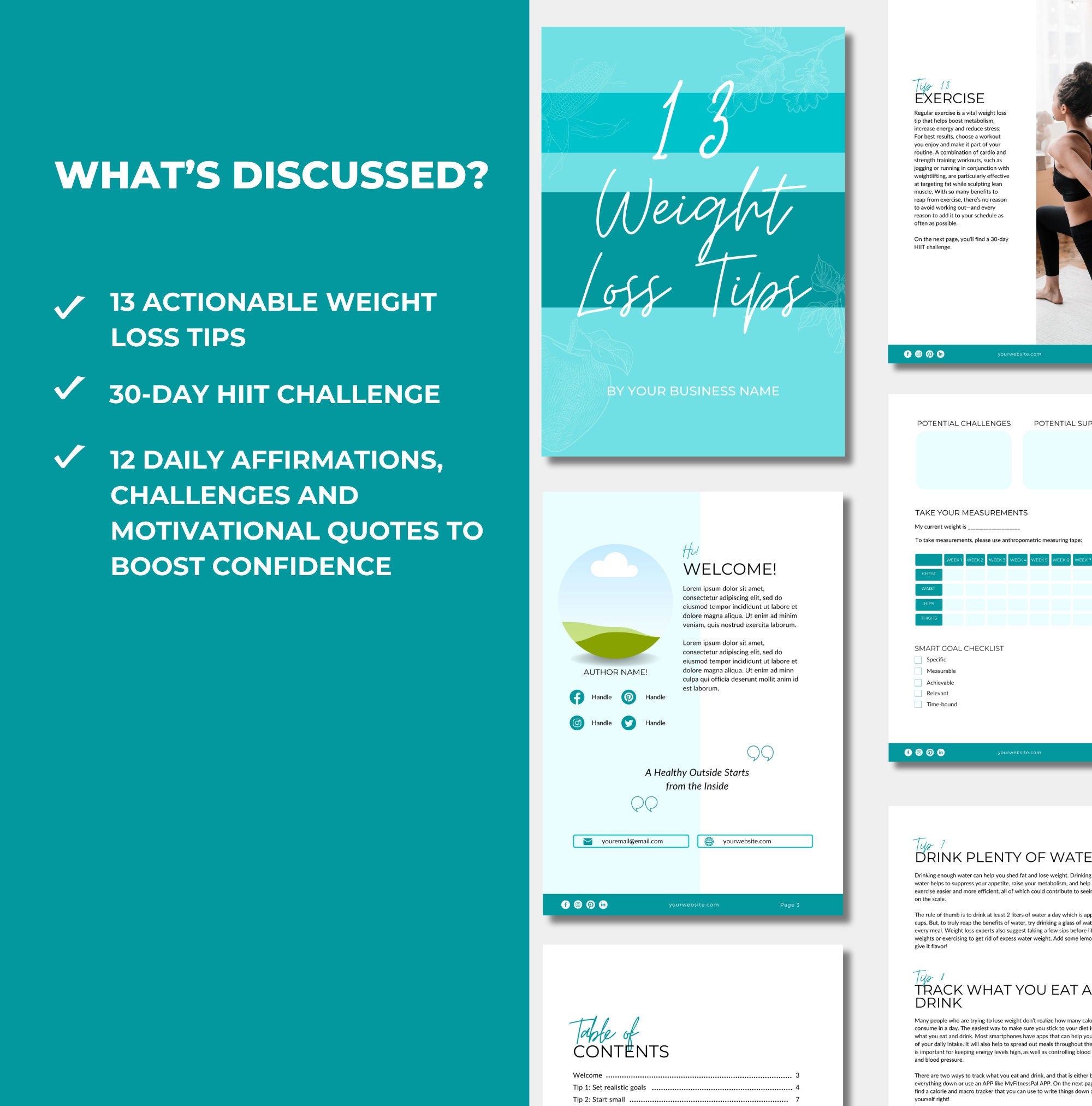 what's discussed in 13 Weight Loss Tips, PLR Digital Product, Canva eBook Template