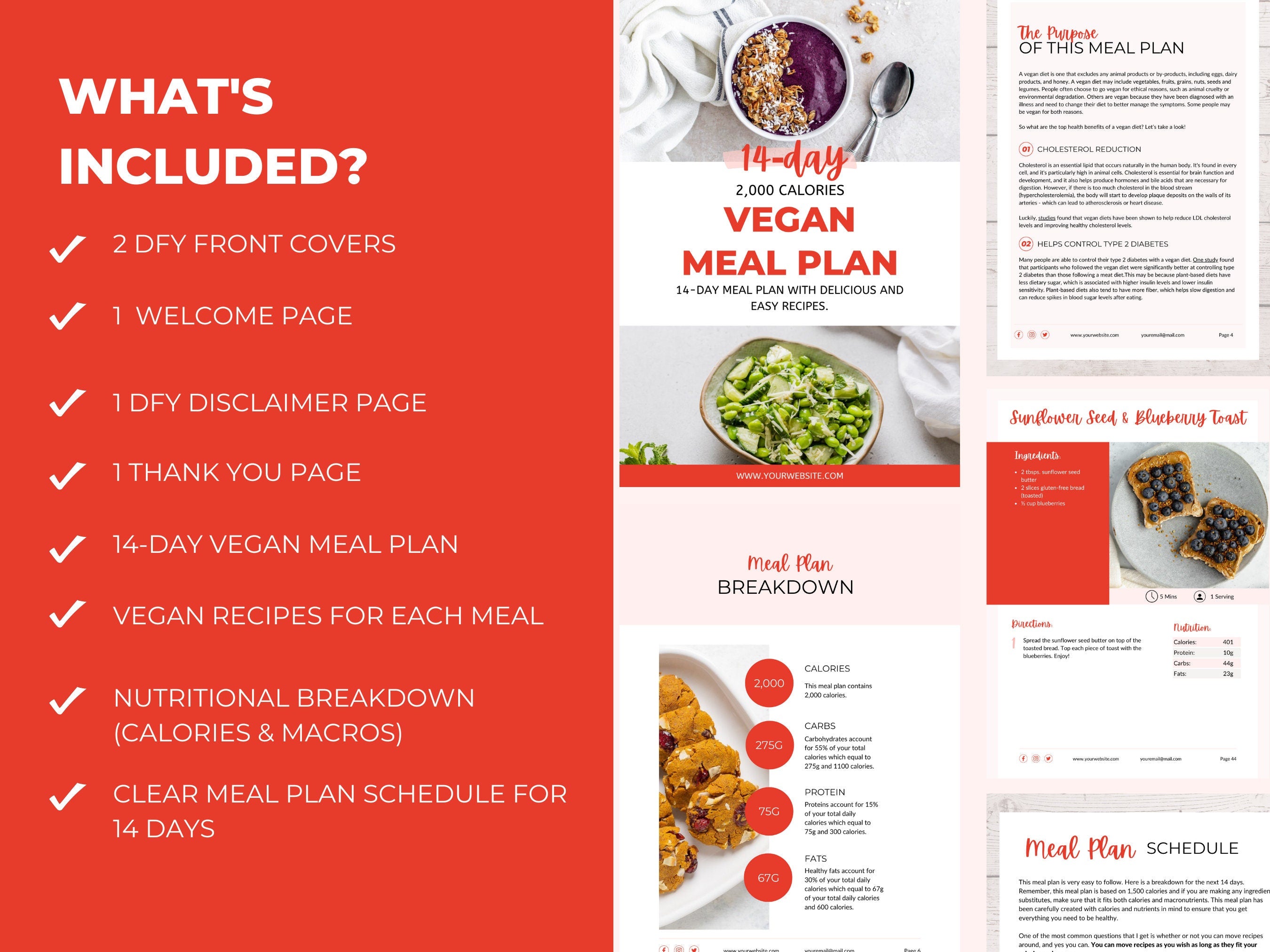 what's included in this 14-day Vegan Meal Plan Template,  2,000 calories, PLR Digital Product