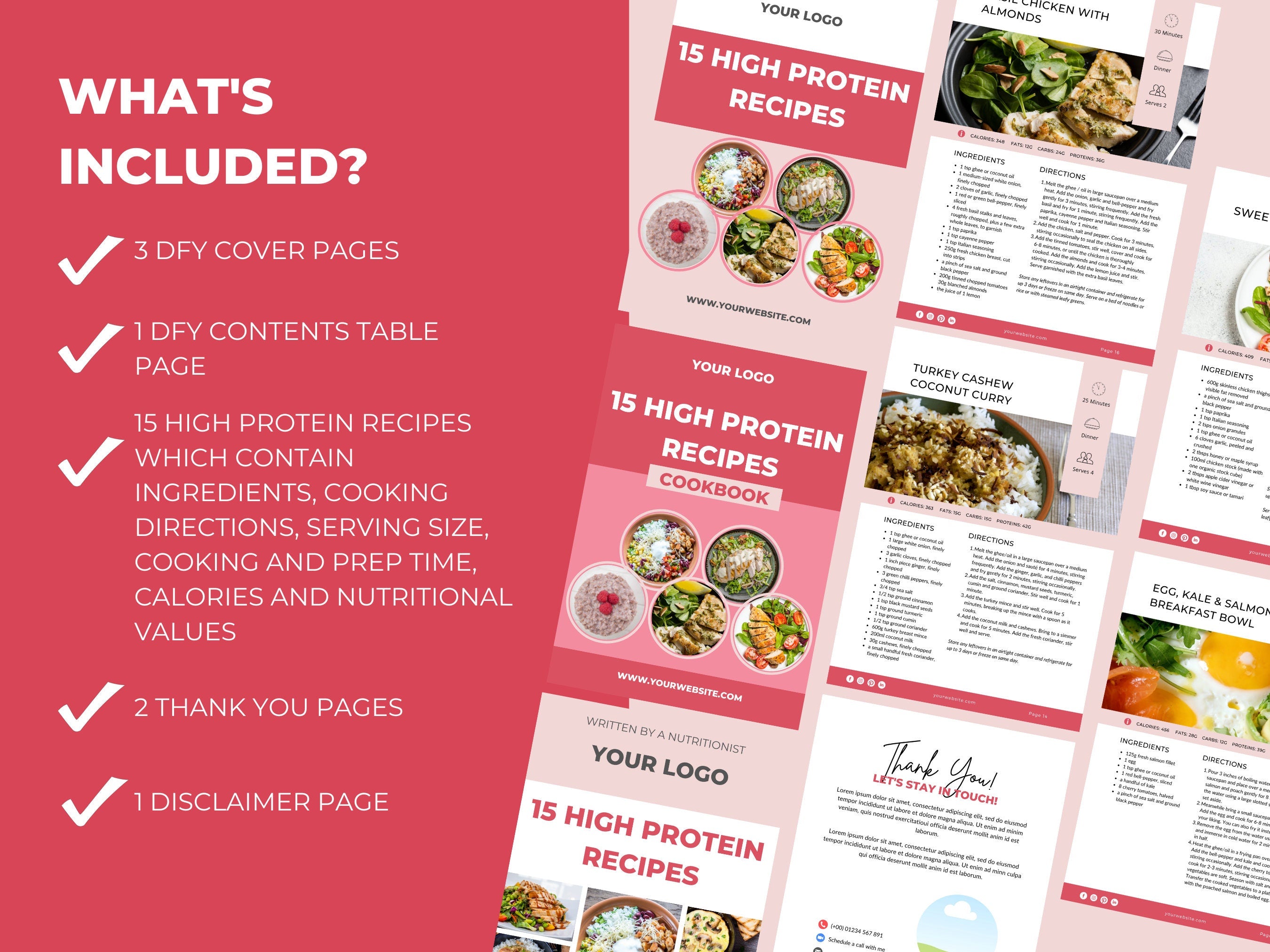 what's included in this 15 High Protein Recipes, PLR Digital Product, Canva Cookbook Template