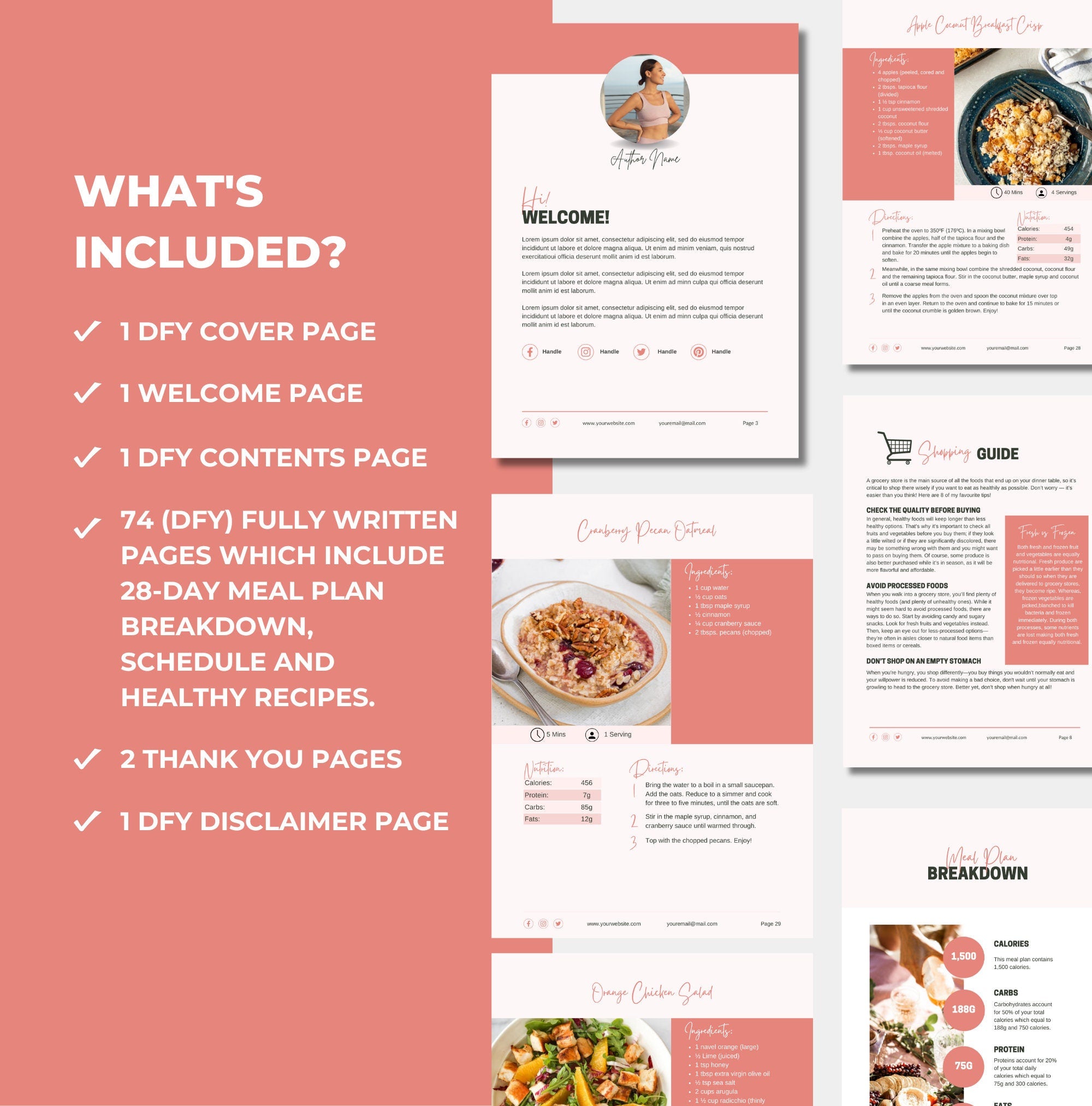 what'spages and content is included in this meal plan template